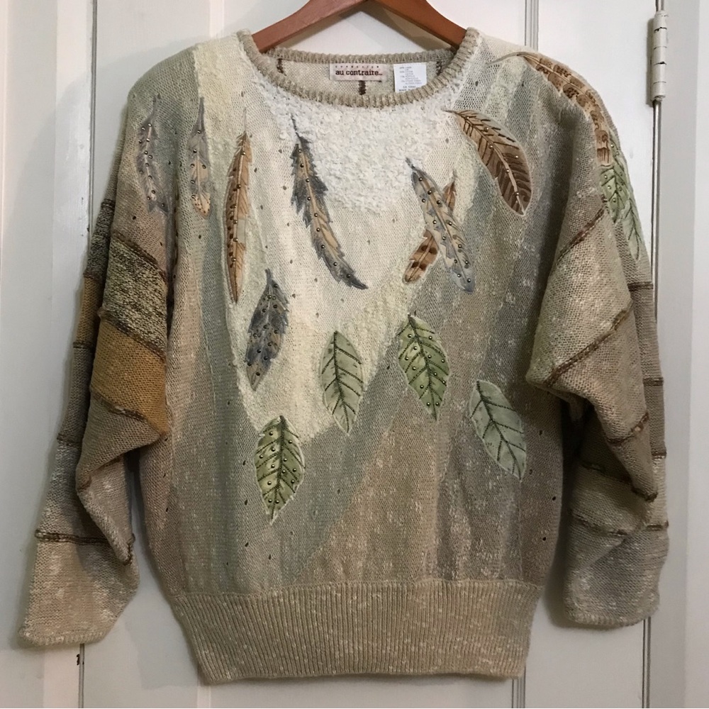 Vintage Dolman Sleeve ‘Leaves and Feathers’ Sweater